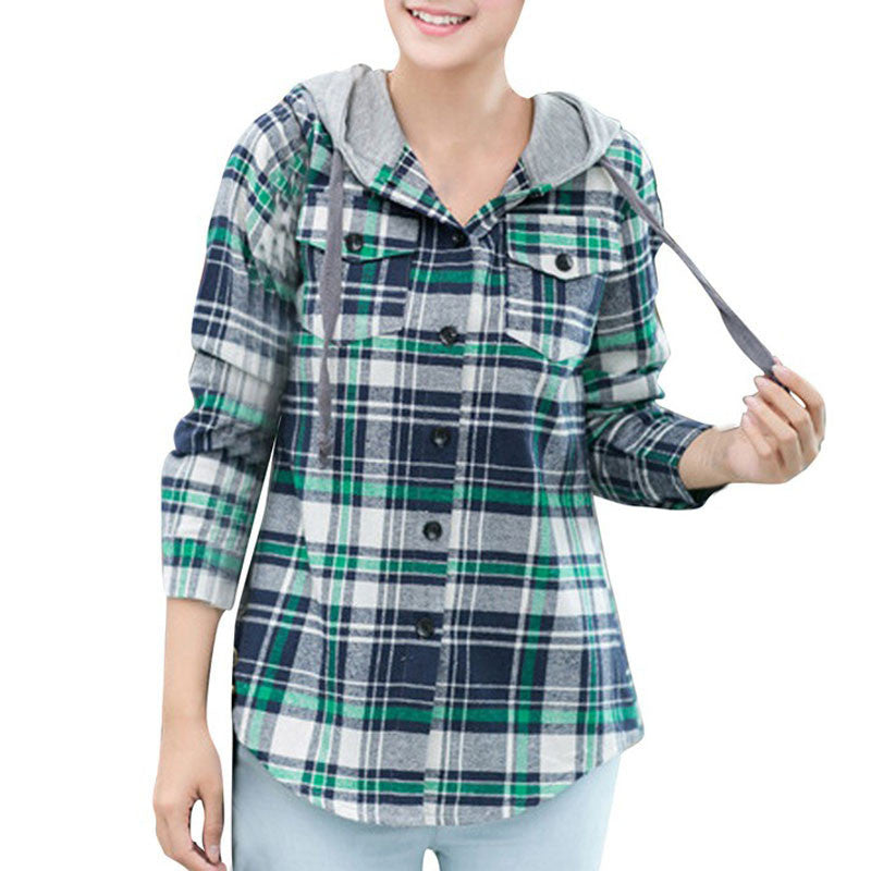 Plaid Hooded Casual Blouse Women Shirts Tops Full Sleeve Pockets Slim Cotton 2XL