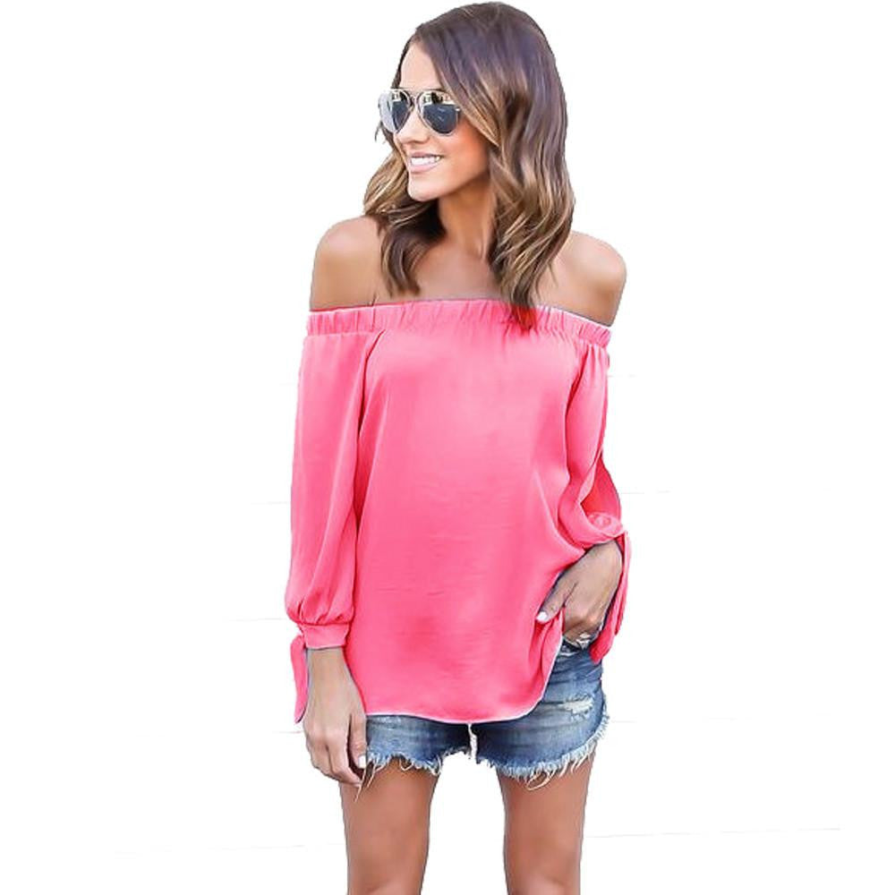 off shoulder chiffon blouse shirt Girls loose blouse Slash Neck Women tops long sleeve hollow