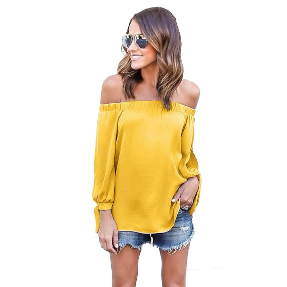 off shoulder chiffon blouse shirt Girls loose blouse Slash Neck Women tops long sleeve hollow
