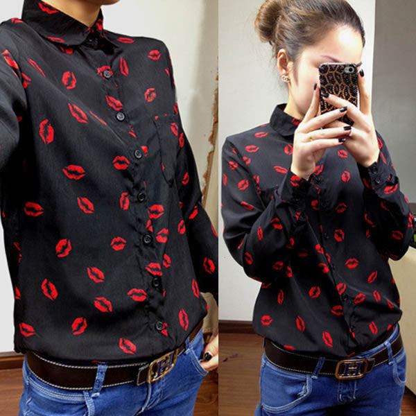 Online discount shop Australia - Fashion Women Button Down OL Lady Shirt Blouse Collared Chiffon Long Sleeve Kiss PrintedTops