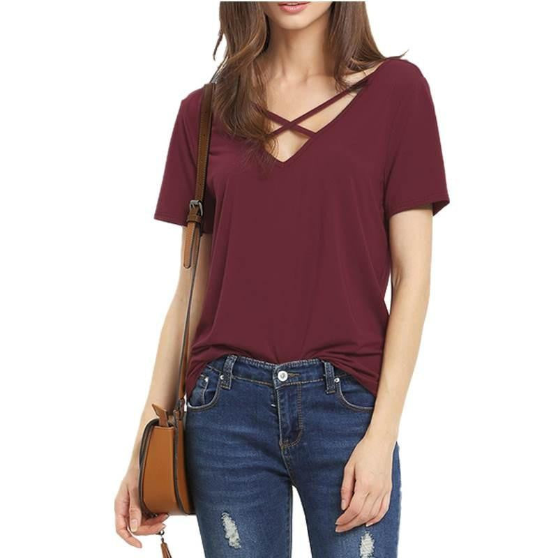 T Shirt Women Short Sleeve V Neck Bandage TShirt Casual Women T Shirt Lady Tops