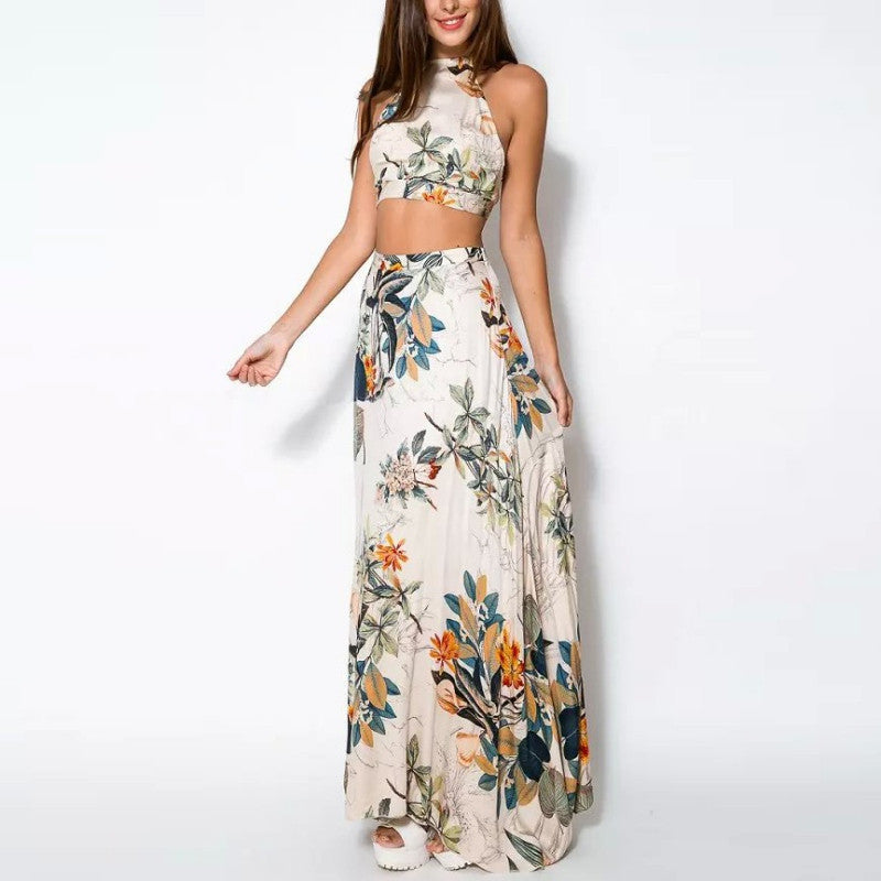 Online discount shop Australia - 2 Piece Set Party Beach Women Dresses Lady Summer Long Maxi Dress Fashion Sexy Cross Backless Halterneck Floral Print Vestido