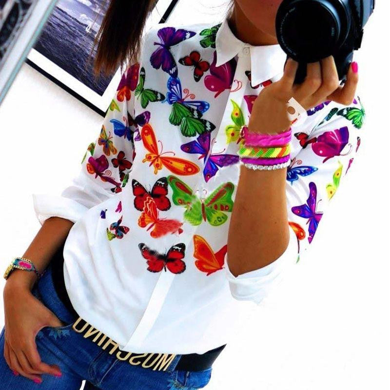 Women Blouses white fashion Butterfly Chiffon blouse plus size body Tops Long Sleeve Shirt Casual