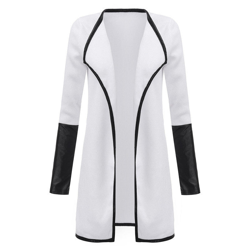 Online discount shop Australia - Fashion Women Leather Long Sleeve Patchwork Cardigan Outerwear Slim Lapel Poncho Jacket Coat Black White Tops