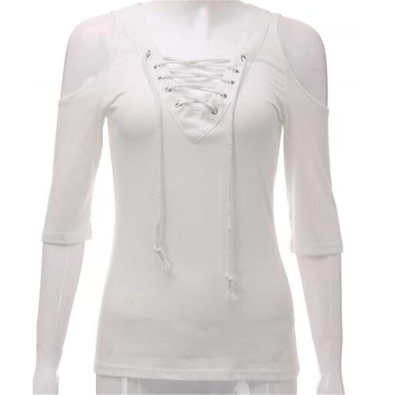 Women Casual Lace Up V neck Blouse Off Shoulder Half Sleeve Slim Tops Plus Size White Gray Shirts