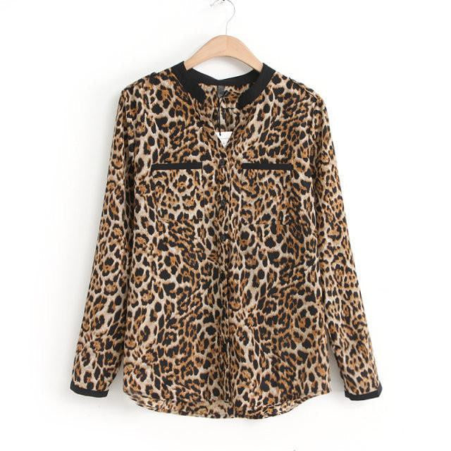 Women Blouse Leopard Print Shirt Long sleeve V -Neck Top Loose Blouses Plus Size Chiffon Shirt Clothing