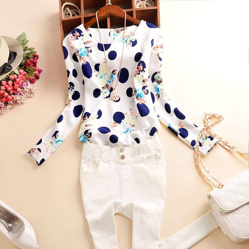 Women Blouses Polka Dot Chiffon Blouse Women Tops O-Neck Long Sleeve Fashion Woman Shirts