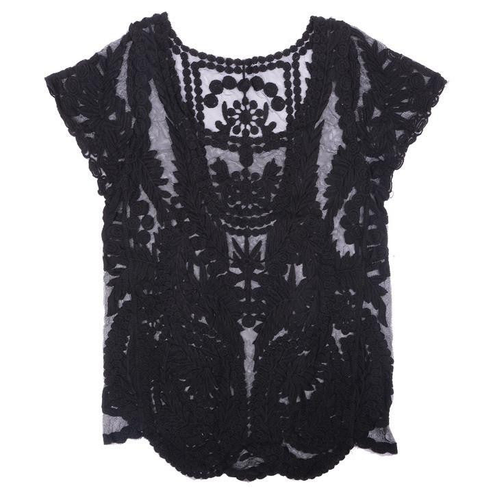 Women Blouses Hollow Out Casual Lace Shirt Floral Short Sleeve shirt Crochet Tops