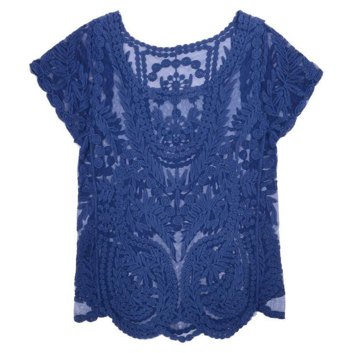 Women Blouses Hollow Out Casual Lace Shirt Floral Short Sleeve shirt Crochet Tops