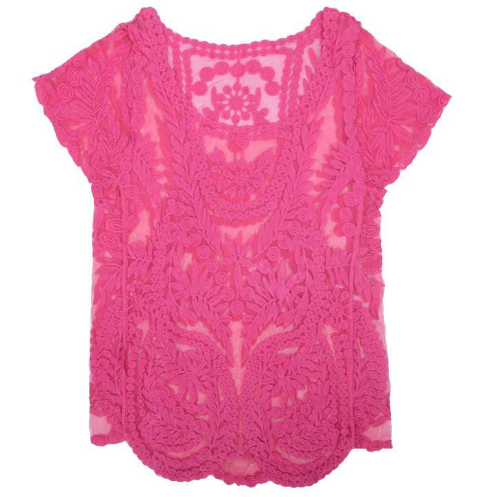 Women Blouses Hollow Out Casual Lace Shirt Floral Short Sleeve shirt Crochet Tops