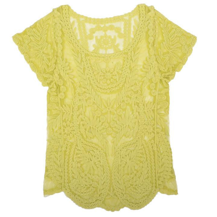 Women Blouses Hollow Out Casual Lace Shirt Floral Short Sleeve shirt Crochet Tops