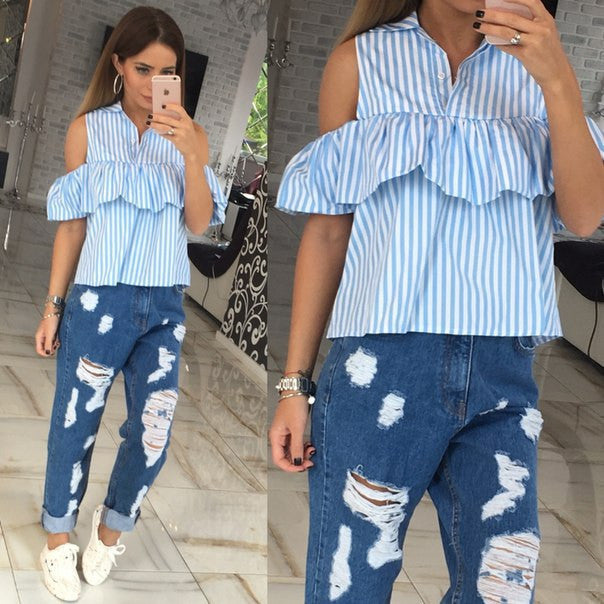 Online discount shop Australia - Elegant Sexy Ruffles Off Shoulder Top Women Blouse Shirts Blue White Stripe Female Cool Blouses Casual