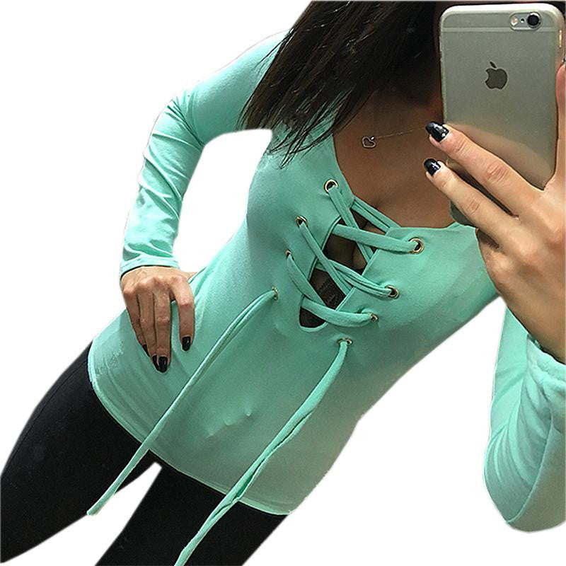 Womens Long Sleeve Lace Up Shirt Bandage Tops