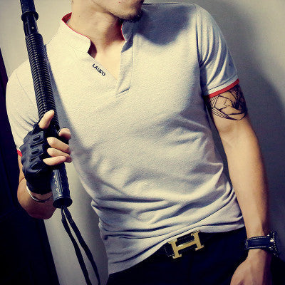 Online discount shop Australia - Men's V Neck T Shirt Fashion Solid Short Sleeve T Shirt Men LAISO Print Collar Slim Fit Mens Top Tees Shirt