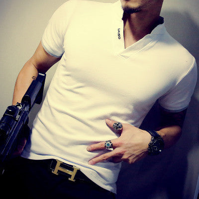 Online discount shop Australia - Men's V Neck T Shirt Fashion Solid Short Sleeve T Shirt Men LAISO Print Collar Slim Fit Mens Top Tees Shirt