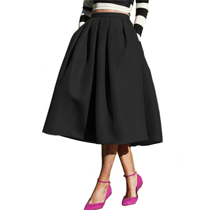 Women's Solid Casual Flare High Waist Pleated Pockets Vintage Midi Skirt