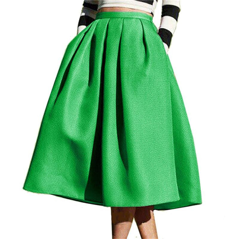 Women's Solid Casual Flare High Waist Pleated Pockets Vintage Midi Skirt