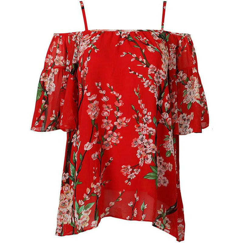 Women Blouse Off the Shoulder StrSpaghetti Floral Sakura Chiffon Loose Casual Blouse Top Style