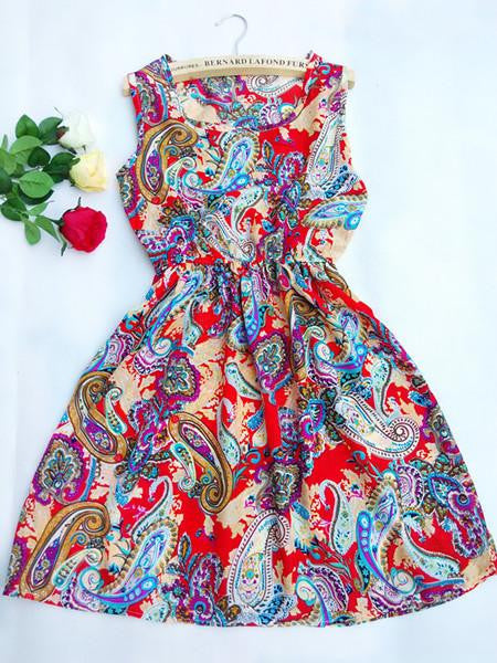 Women casual Bohemian floral flaky clouds sleeveless vest printed beach chiffon dress
