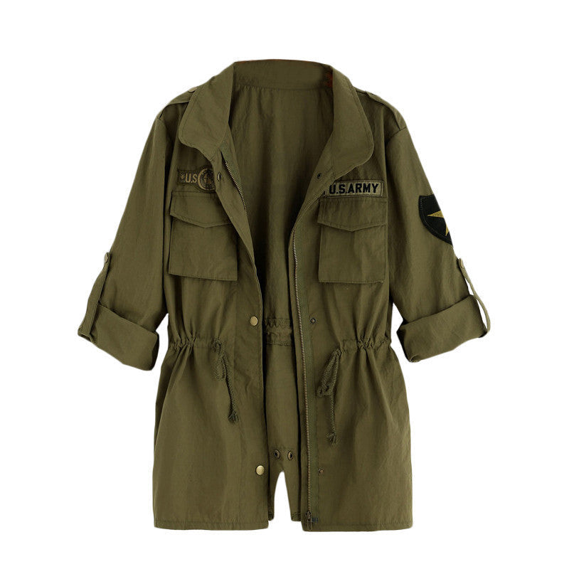 Army Green Printed Back Lapel Drawstring Waist Zipper Utility Coat Women Outerwear Classic Trench Coat