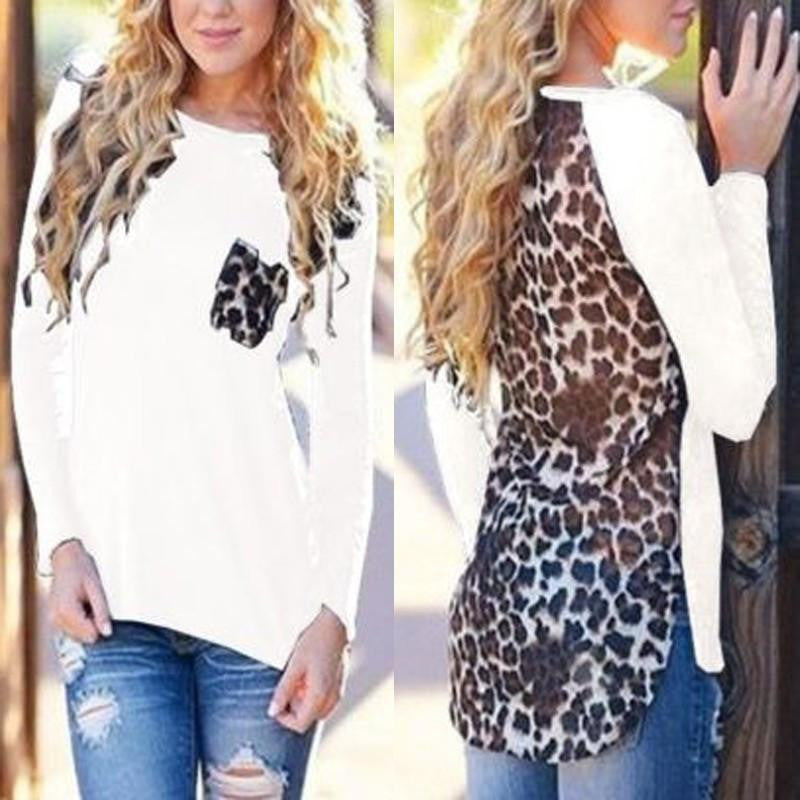 Women Blouses Plus Size Casual Blouse Tops Long Sleeve Leopard Patchwork Shirts