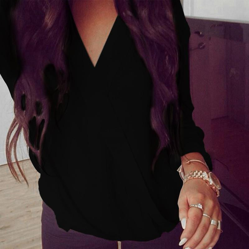 Women Blouses Casual Loose Tops Chiffon Blouse Long Sleeve Deep V Neck Solid Shirts Plus Size