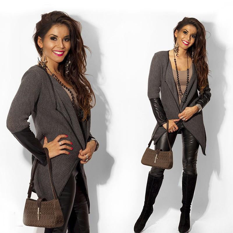 Women Cardigans PU Leather Sleeve Knitted Cardigan Open Stitch Loose Long Sleeve Sweater Outwear Tops Jacket Coat