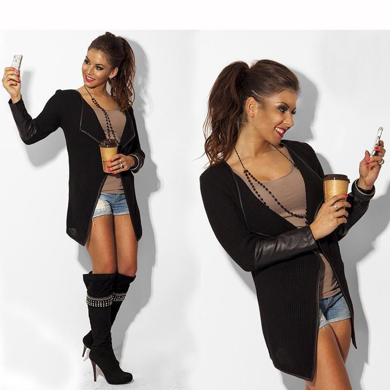 Women Cardigans PU Leather Sleeve Knitted Cardigan Open Stitch Loose Long Sleeve Sweater Outwear Tops Jacket Coat