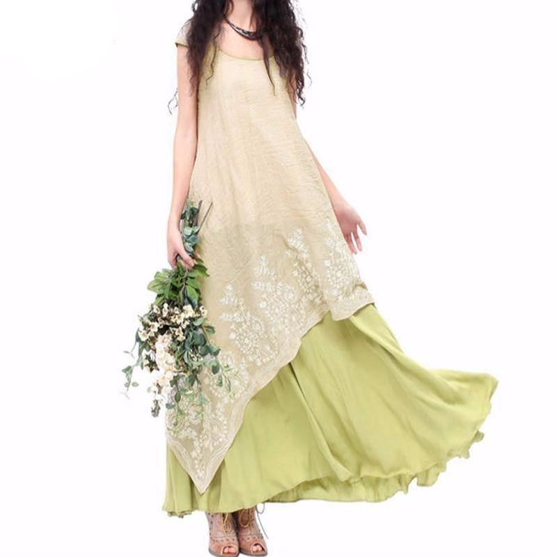 Summer Women Vintage Casual Loose Dress O Neck Short Sleeve Floral Embroidery Two Layers Dress Oversized
