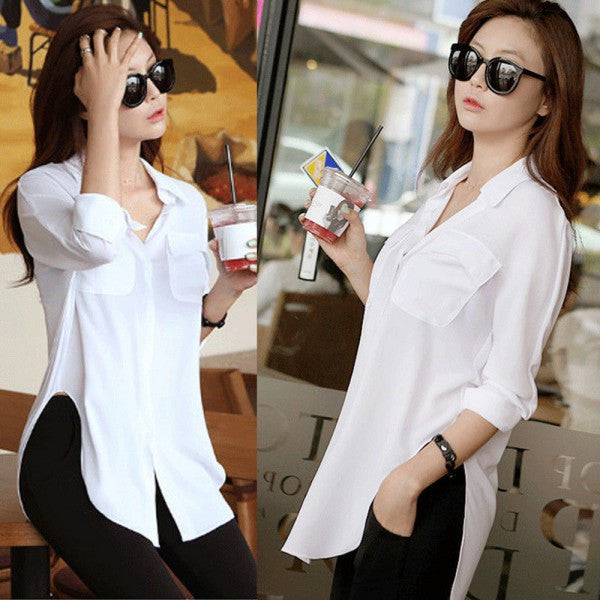 Online discount shop Australia - Fashion Women Blouse Long Sleeve Chiffon Shirt Turn-down Collar Casual Loose Tops