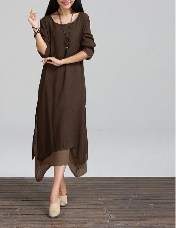 Women Cotton Linen Vintage Dress Ladies O Neck Full Sleeve Casual Loose Boho Mid-calf Dresses Vestidos Plus Size