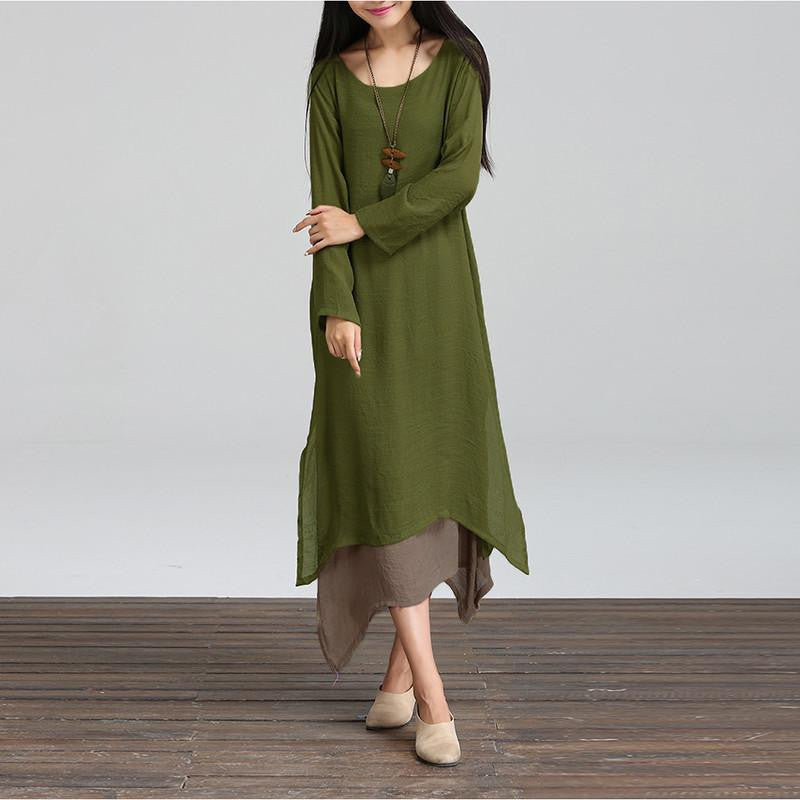 Women Cotton Linen Vintage Dress Ladies O Neck Full Sleeve Casual Loose Boho Mid-calf Dresses Vestidos Plus Size