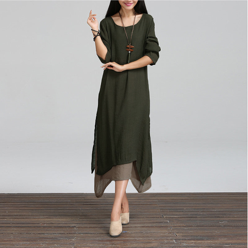 Women Cotton Linen Vintage Dress Ladies O Neck Full Sleeve Casual Loose Boho Mid-calf Dresses Vestidos Plus Size