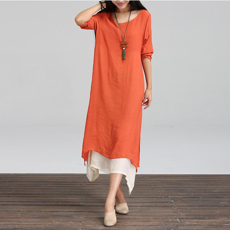 Women Cotton Linen Vintage Dress Ladies O Neck Full Sleeve Casual Loose Boho Mid-calf Dresses Vestidos Plus Size