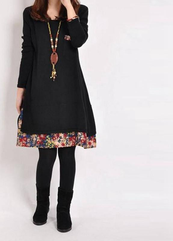 Women Casual Vintage Dress Ladies Leisure Loose Floral Hem O Neck Long Sleeve Cotton Bottoming Dress Plus Size M-XXL