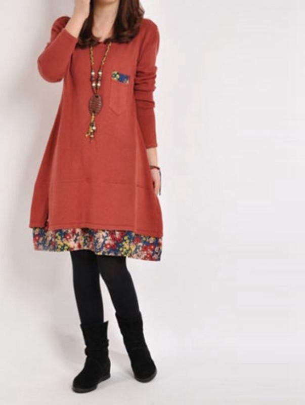 Women Casual Vintage Dress Ladies Leisure Loose Floral Hem O Neck Long Sleeve Cotton Bottoming Dress Plus Size M-XXL