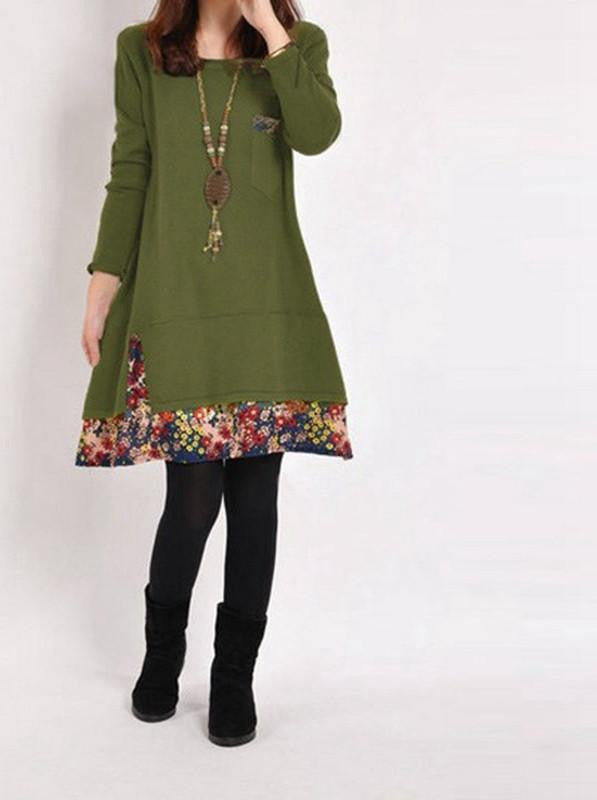 Women Casual Vintage Dress Ladies Leisure Loose Floral Hem O Neck Long Sleeve Cotton Bottoming Dress Plus Size M-XXL