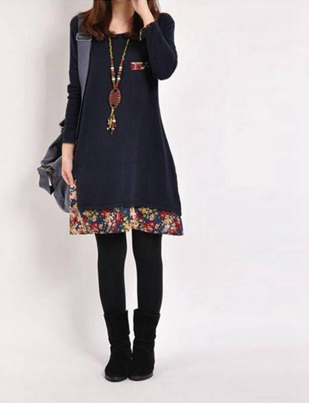 Women Casual Vintage Dress Ladies Leisure Loose Floral Hem O Neck Long Sleeve Cotton Bottoming Dress Plus Size M-XXL