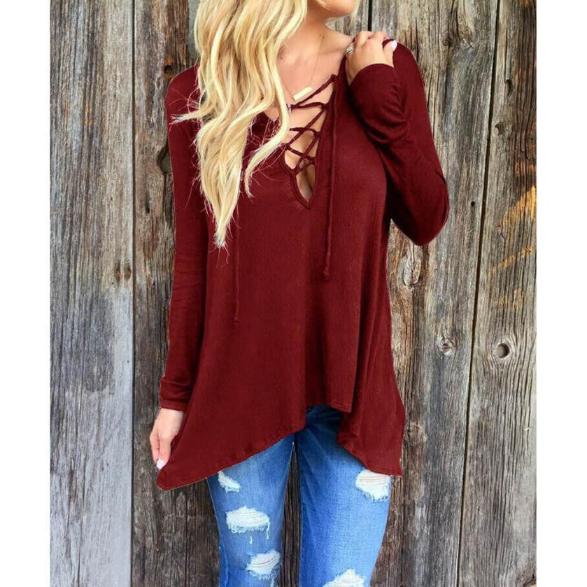 Deep V-neck Blouse Women Front Plunge Lace up Hooded Tops Women's Casual Loose Shirts Pullover Black