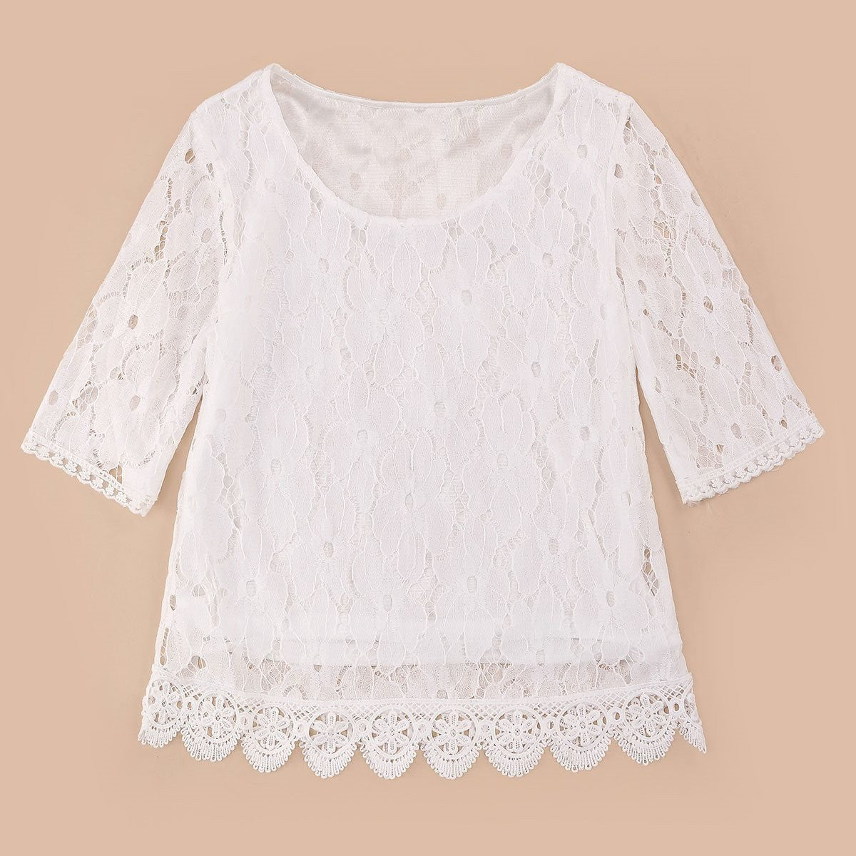 Women Lace Blouse Flare Sleeve Loose O-neck Chiffon Shirt Style Sweet Half Sleeve White Black Hollow