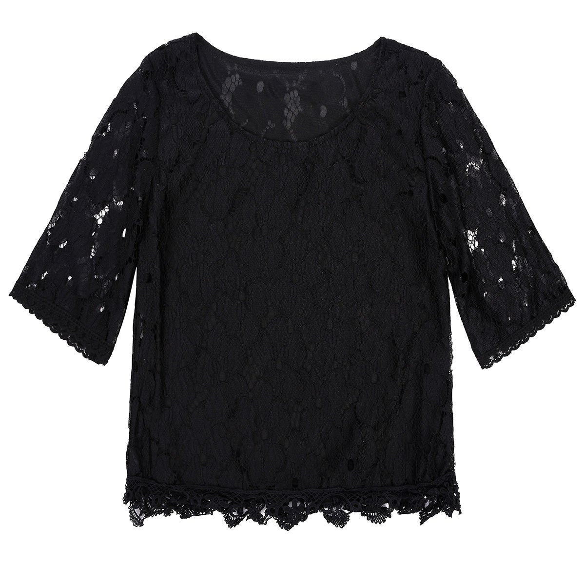 Women Lace Blouse Flare Sleeve Loose O-neck Chiffon Shirt Style Sweet Half Sleeve White Black Hollow