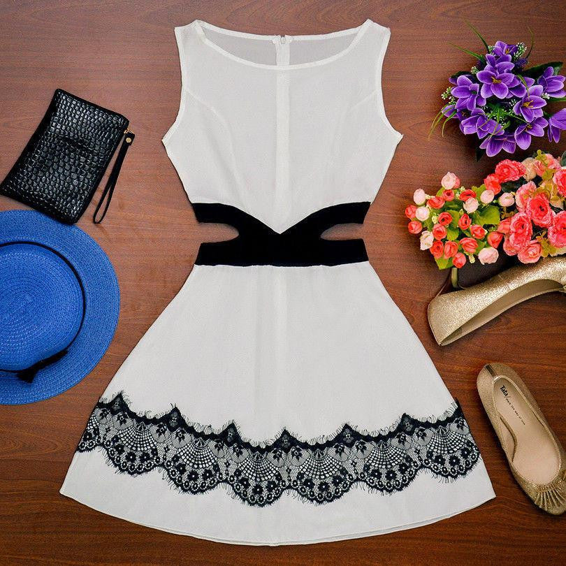 Women Casual Party Sleeveless Lace Short Mini Dress Hollow out waist Dresses