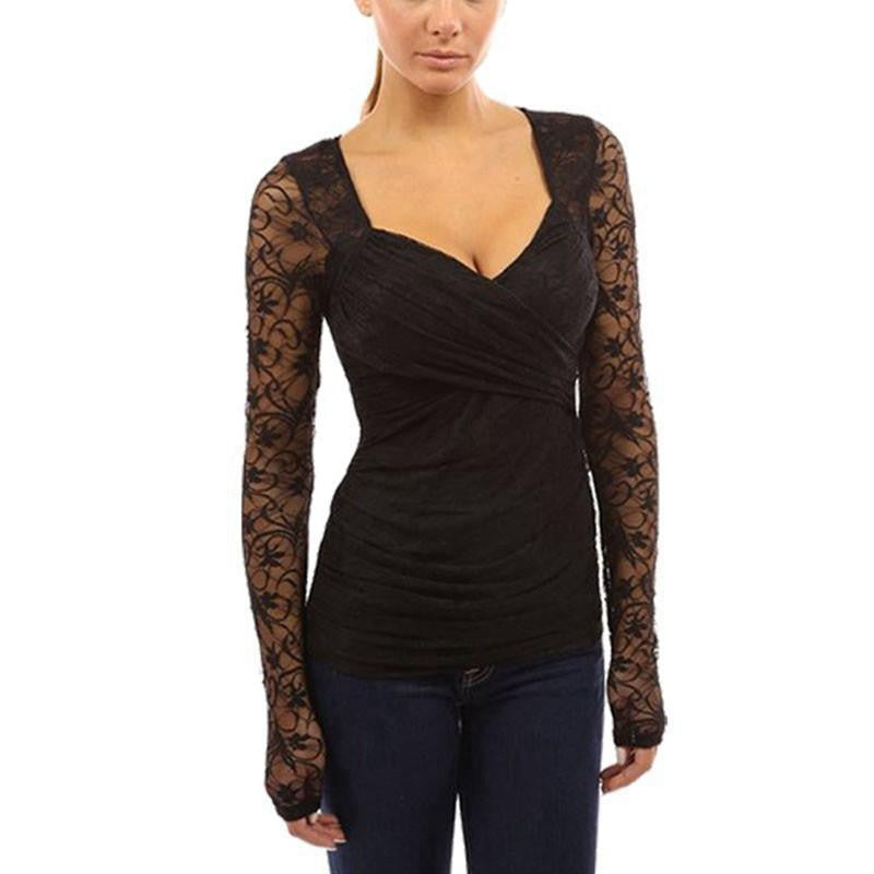 Casual Slim Tee Tops Women Elegant Long Sleeve V Neck Lace White Blouses Ladies Plus Size Solid Shirts