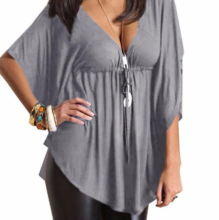 Women Casual Loose V-Neck Batwing Sleeve Tee Tops Ladies Solid Blouses Shirt Plus Size