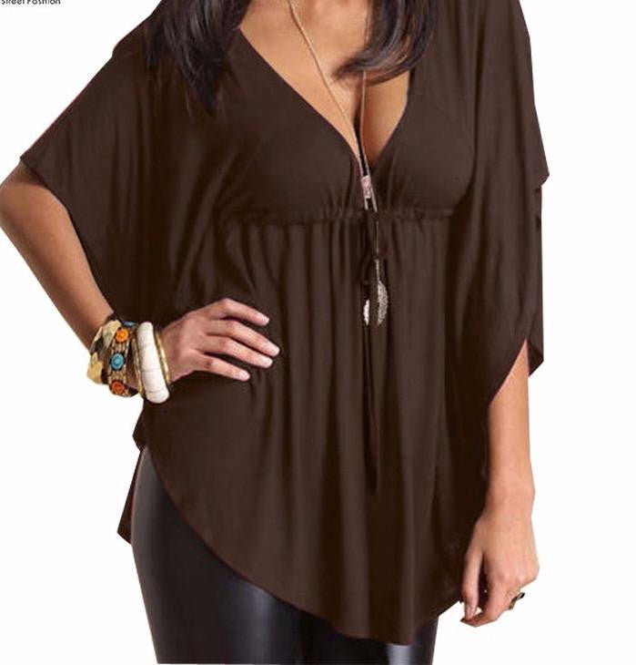 Women Casual Loose V-Neck Batwing Sleeve Tee Tops Ladies Solid Blouses Shirt Plus Size