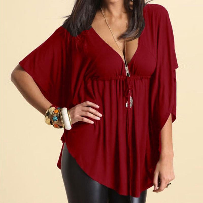 Women Casual Loose V-Neck Batwing Sleeve Tee Tops Ladies Solid Blouses Shirt Plus Size