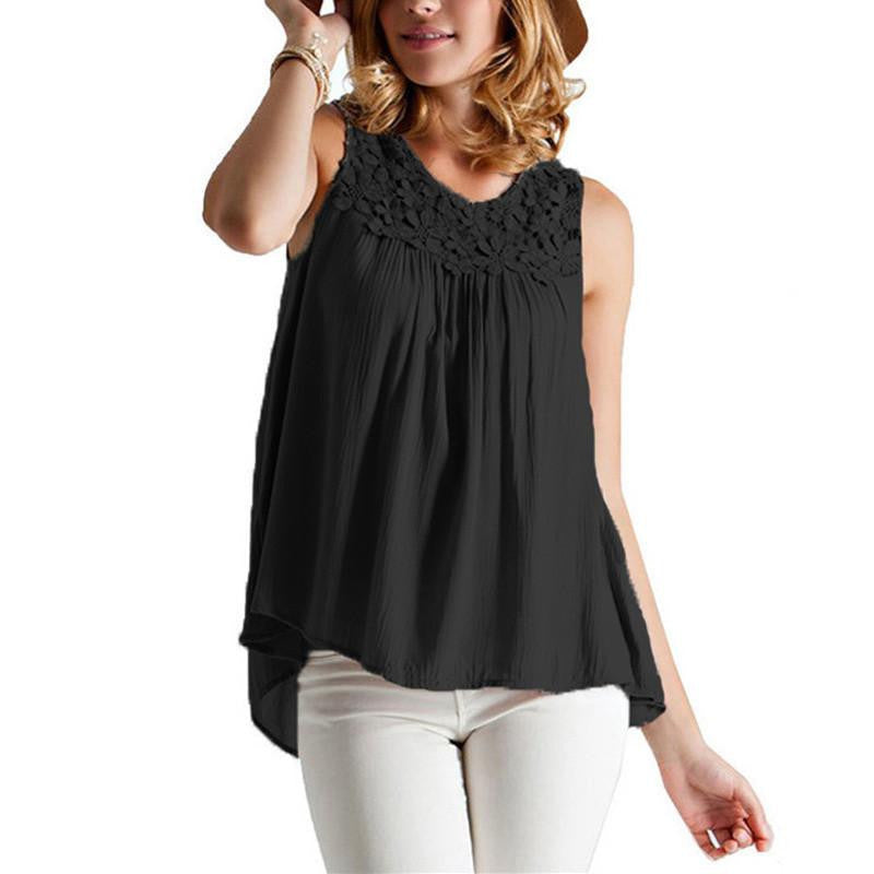 Women Blouses Lace Crochet Back Bandage Sleeveless Beach Vest Elegant Loose Tops Blouse Plus Size