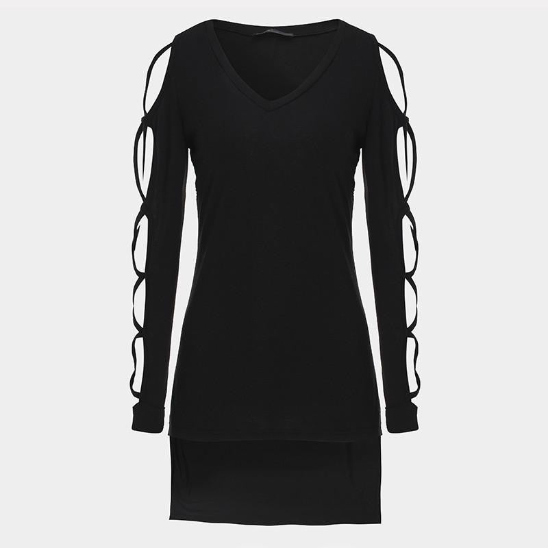 T Shirt Women Brand V Neck Long Sleeve Hollow Out Side Split Tops Shirts Plus Size Cotton T-Shirt