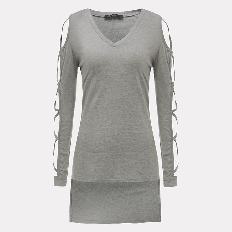 T Shirt Women Brand V Neck Long Sleeve Hollow Out Side Split Tops Shirts Plus Size Cotton T-Shirt