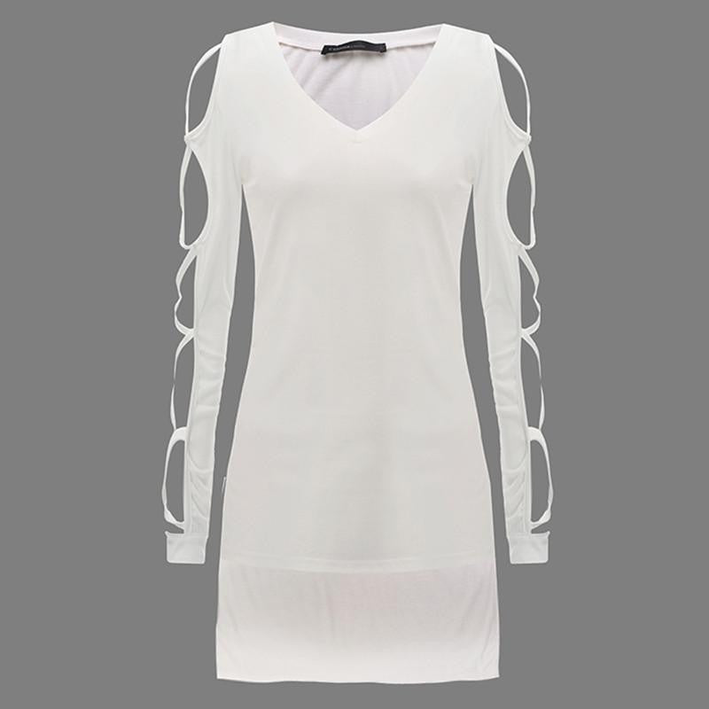 T Shirt Women Brand V Neck Long Sleeve Hollow Out Side Split Tops Shirts Plus Size Cotton T-Shirt